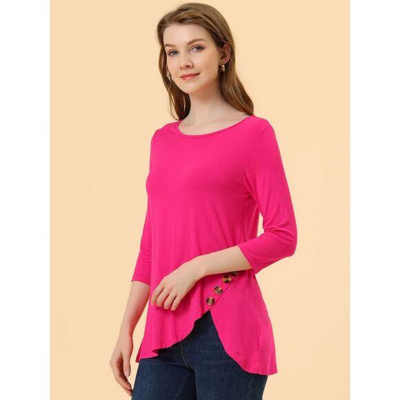 3/4 Sleeve Round Neck Button Decor Stretchy Tunic Tops Hot Pink - Picture 3 of 5